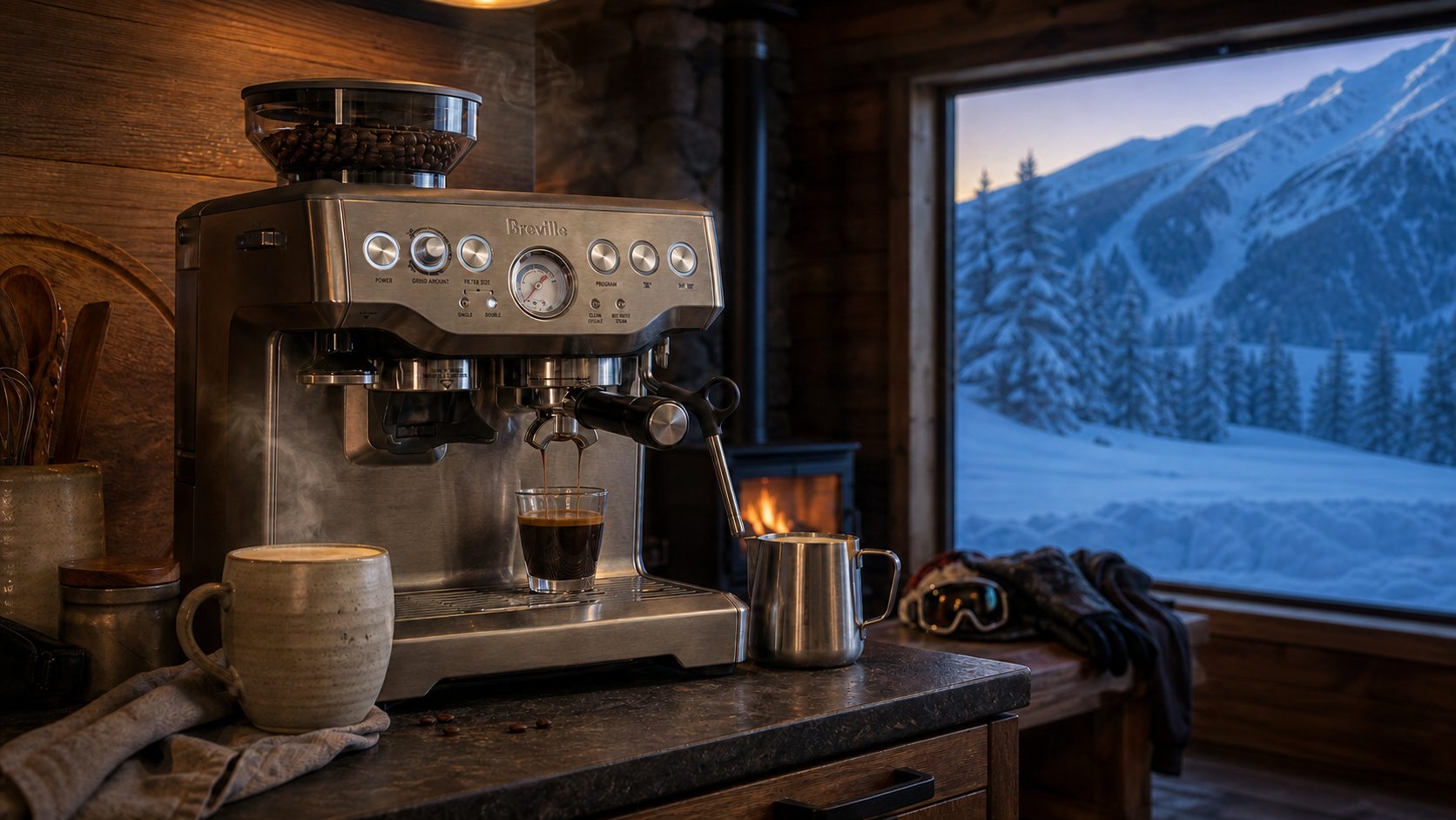 A stainless steel Breville Barista Express beside a finished latte on a home kitchen counter.