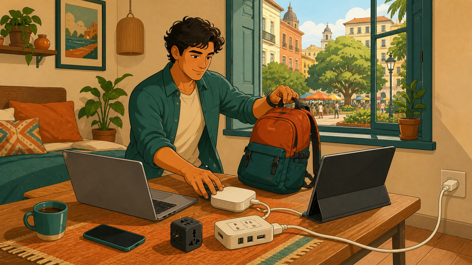 A compact travel workspace with a laptop, portable monitor, travel router, power strip, and small backpack.